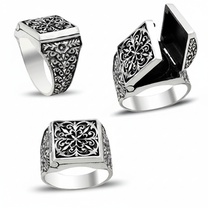 925K Sterling <b>Silver</b> Art Design Carved <b>Men</b> Pill Box <b>Ring</b> Handmade - Product Image 2