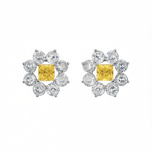 Boucles d'oreilles de luxe en or massif 18 carats avec diamants taille princesse, motif fleur jaune, certifiées GIA, bijoux de mariage pour femme - Product Image 1