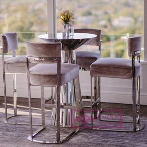 Taburete alto con cojín de terciopelo para el hogar, mueble con marco de metal plateado, de acero inoxidable, color blanco - Product Image 2