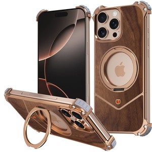 <span class=keywords><strong>Deluxe</strong></span> Drukknoop Titanium Frame Walnotenhout Telefoonhoesje Voor Iphone 14 15 16 Pro Max Met 360 ° Magnetische Standaard Schokbestendige Hoes - Product Image 1