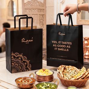Custom Printed Biodegradable Eco-Friendly Black Kraft Paper <b>Bags</b> for Indian Takeaway Restaurants with Handles - Product Image 4