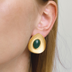 Stud <b>Earrings</b> 18K Gold Stainless Steel <b>Red</b> Inlaid Geometric Concave Design For Fashion Jewelry - Product Image 3