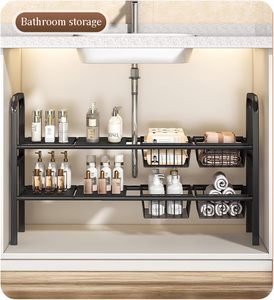 Organisateur d'évier de cuisine en métal à 2 niveaux, plateau de rangement extensible à longueur réglable, support autoportant à double niveau - Product Image 6