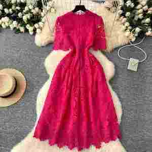 Robe midi décontractée vintage d'été pour femme, coupe ajustée, manches courtes, dentelle ajourée noire, vente en gros - Product Image 4