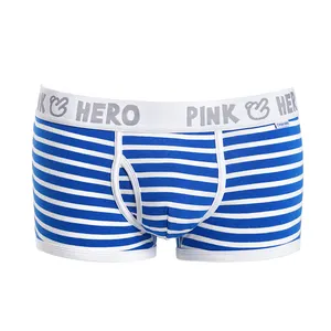 Kunden spezifischer Großhandels preis Herren Sexy Unterwäsche Boxershorts Shorts Weiße Baumwolle Jungen tragen Streifen Blaue Unterwäsche