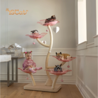 Furnitur mewah kayu padat kucing tiang gores, menara panjat kucing desain bunga dengan rumah dan pohon