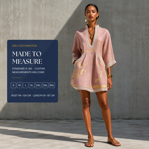 Vestido Kaftan Personalizado con Estampado de Lámina Dorada, Estilo Lino, Encaje de Ganchillo, Cuello en V, Manga Tres Cuartos, Bolsillos, Corte en A, para <span class=keywords><strong>Verano</strong></span> - Product Image 3