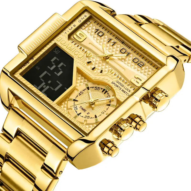 2021 New Top Brand Luxury Fashion Men orologi Gold Stainless Steel Sport Square Digital Analog Big Quartz Watch For Men