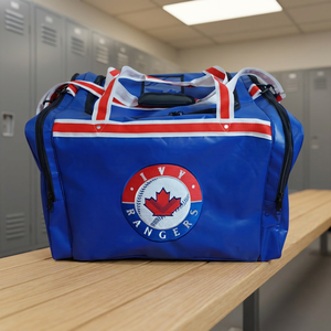 Sac de sport en PVC bleu Ivy Rangers avec sangles rouges et blanches, fermeture à glissière pour le sport - Product Image 2