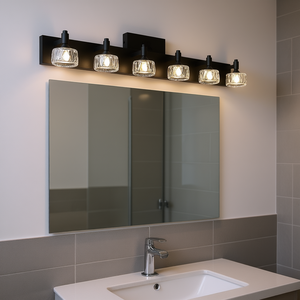 Lámpara de tocador LED moderna de 6 luces, negra mate, con pantallas de cristal, aplique de pared contemporáneo para baño, regulable, luz blanca cálida - Product Image 2