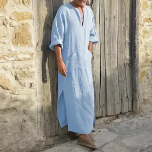 YUNY Men Middle East Kaftan Gown Cotton Shirt Muslim Islamic Kaftan Blue S 