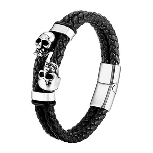 ALIN Hip Hop Skull Thép Không Gỉ Móc Từ Hai Lớp Vòng Đeo Tay Bằng Da Cho Nam Giới - Product Image 5