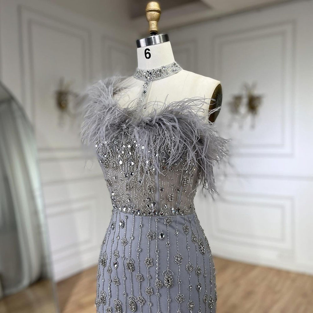 2024 Gray Halter Feathers Beaded Mermaid High Split Dress