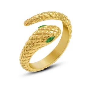 녹색 지르콘 아이 패션 보석과 여성을위한 섬세한 18k 금도금 황동 뱀 조정 가능한 반지