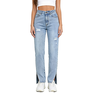 Jean décontracté pour femme en denim, coupe droite, personnalisable, délavé aux enzymes, extensible, en coton respirant de haute qualité - Product Image 1