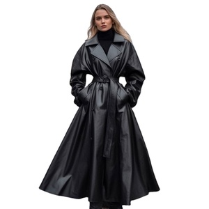 Vêtements grande taille pour femmes, trench-coat <span class=keywords><strong>oversize</strong></span> pour <span class=keywords><strong>femme</strong></span>, trench-coat long en cuir <span class=keywords><strong>noir</strong></span> maxi avec ceinture pour femmes - Product Image 1