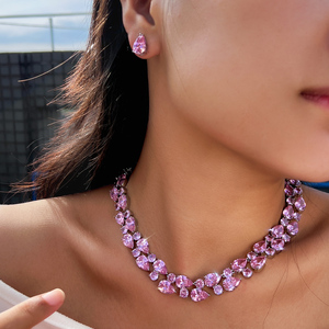 Magnifique collier et boucles <span class=keywords><strong>d</strong></span>'oreilles pendantes en rhodium plaqué avec zircon cubique rose pour femmes, bijoux de costume pour mariées - Product Image 3