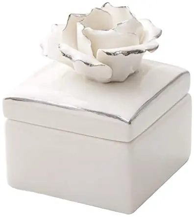 Caja de baratija de cerámica cuadrada, soporte para collar de recuerdo, pulsera, caja de joyería, soporte para anillo con exquisita tapa de flor hecha a mano de cerámica