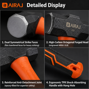 Martillo de mano octogonal Airaj de acero al carbono de grado industrial con mango de goma suave OEM - Product Image 2