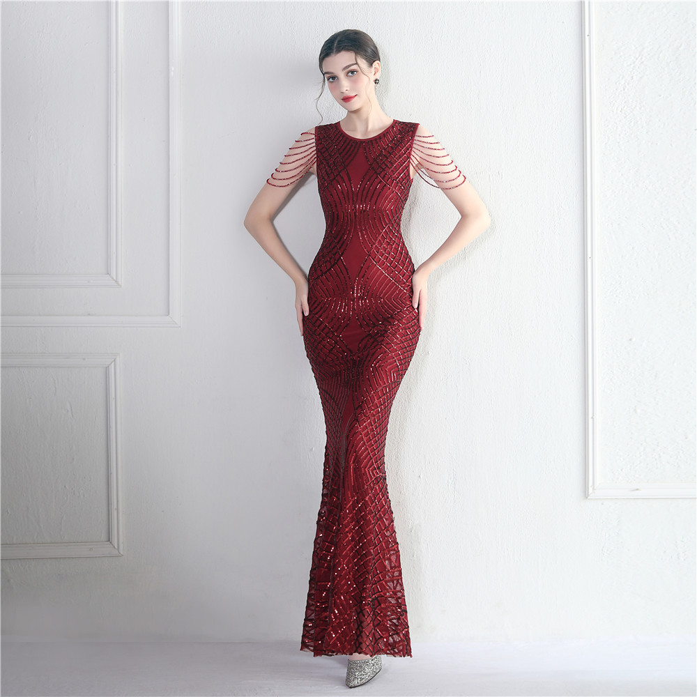 Kalinnu Embellished Crystal Chain Sequin Embroidered Dress
