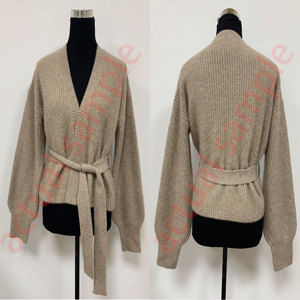 <span class=keywords><strong>Cardigan</strong></span> en tricot à col en V pour <span class=keywords><strong>femme</strong></span> avec ceinture, pull enveloppant doux et chaud en maille côtelée taupe à manches longues lanternes pour l'hiver - Product Image 6