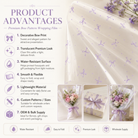 Film d'emballage élégant Grace avec motif floral violet imprimé à l'encre, papier d'emballage imperméable pour bouquet