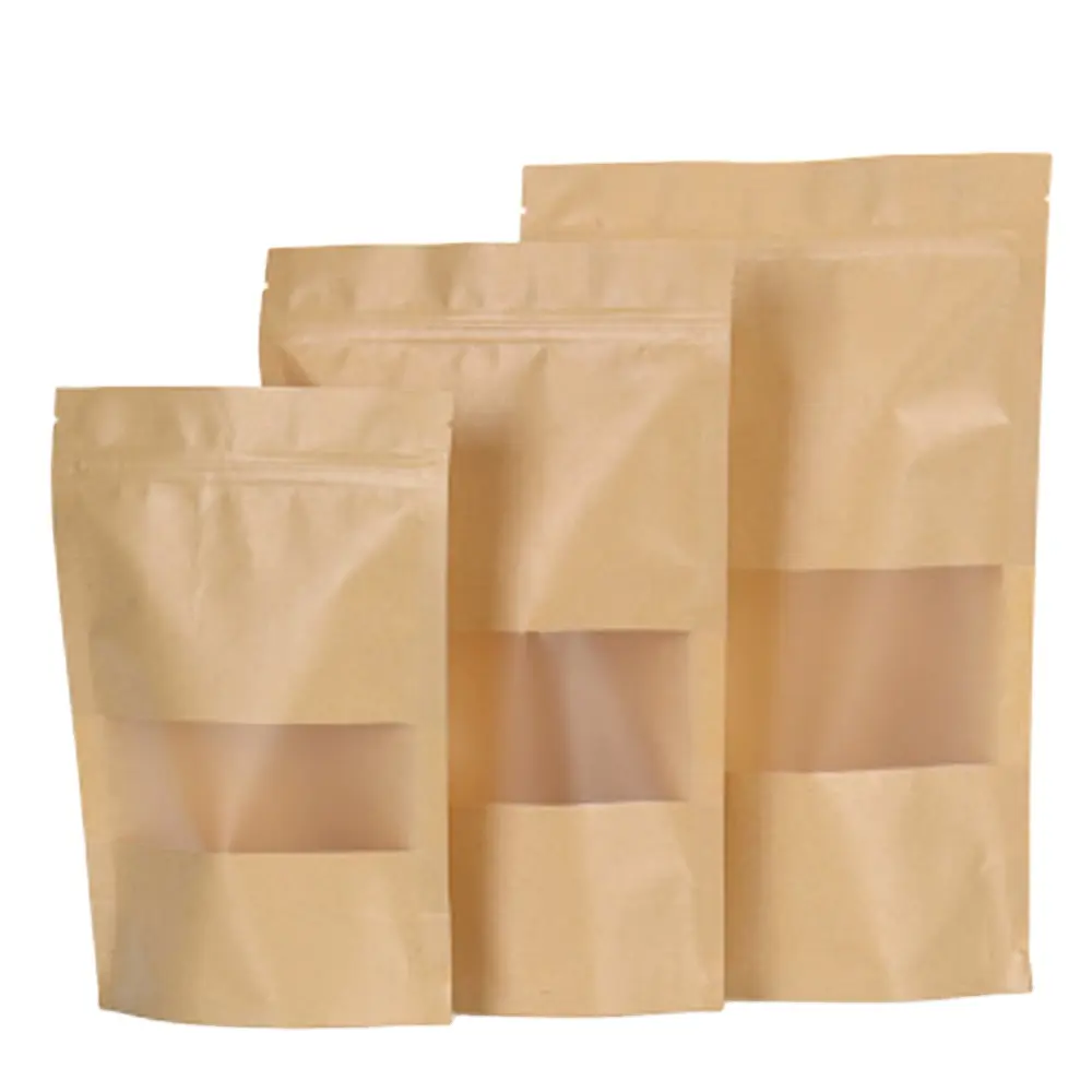 custom eco friendly recycle brown food grade Kraft paper packaging ziplock bag window