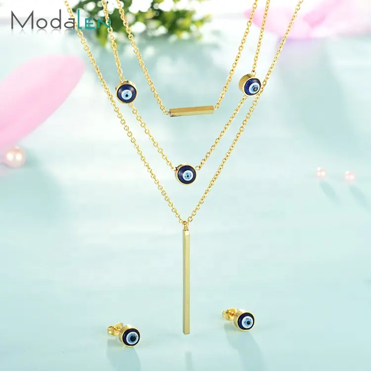 Modalen Steel 3 Layered Turkish Blue Golden Vertical Bar Evil Chain Eye Necklace