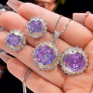 Factory Wholesale Fashion Jewelry Eco-friendly Copper Rose Cut 14-10MM Purple Cubic Zirconia Necklace <b>Set</b> for Bold Statements - Product Image 3