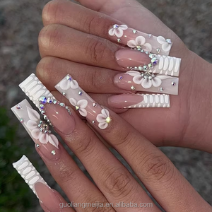 Uñas Acrílicas al por Mayor, Cubiertas Completas, Cuadradas, Estilo Y2K, Extra Largas, con Diseño de Patas de Pato, Color Nude, Rosa, Floral, Azul, Ondulado, Francés, Dorado - Product Image 4