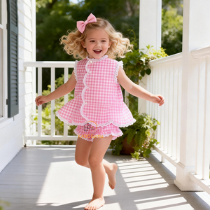 Set di <span class=keywords><strong>Abbigliamento</strong></span> per Bambine all'Ingrosso, Abiti Estivi per Ragazze, Top a Balze con Pizzo Rosa a Quadretti e Set Bloomer per Pasqua - Product Image 1