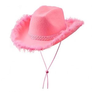 Nouveaux chapeaux de cowgirl roses de style occidental unisexes, chapeau Fedora à bord roulé avec bordure en plumes pour festival, fête, pêche, au design féminin - Product Image 5