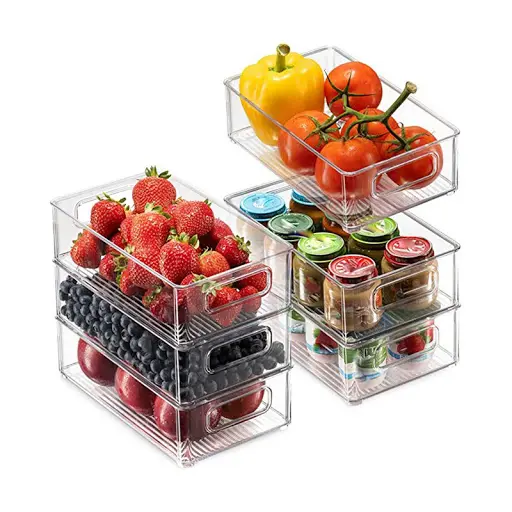 6 pcs PET Fridge Bins, Stackable Storage Organizer Containers with Handles for Refrigerator, Freezer, Pantry and Kitchen cabinet