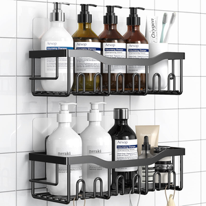 No Drill Wall Mounted Metal Bathroom Shelf Set Adhesive <b>Shower</b> Caddy with Hooks <b>for</b> <b>Shampoo</b> Soap & Toiletries - Product Image 1