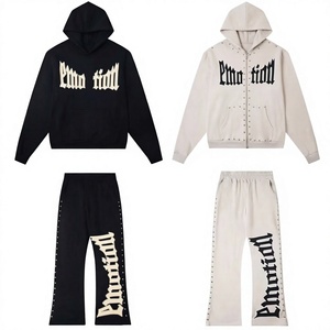 Ensemble de survêtement unisexe en coton/fibre de bambou à imprimé lettres gothiques, 2 pièces, sweat-shirt à capuche et pantalon de survêtement à clous - Product Image 4