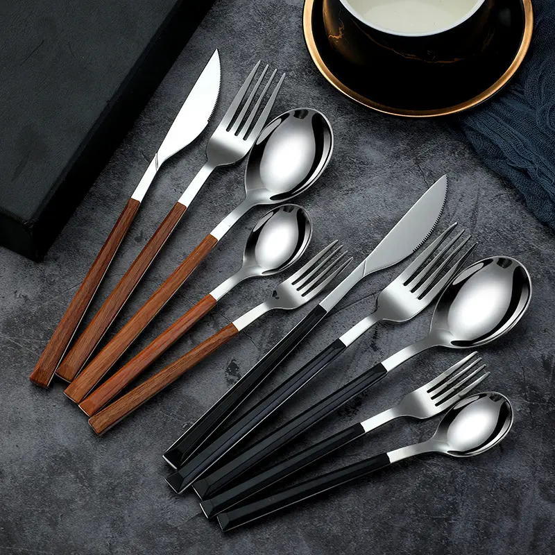 Imitation Wood Handle Stainless steel Knife And Fork Spoon Set Luxury Cutlery Set Royal Style