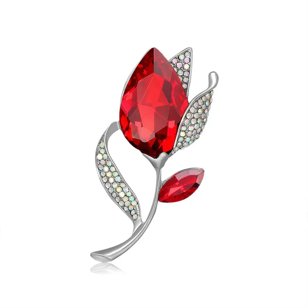 New Fashion Silver Plated Red Crystal Tulip Corsage Ab Color Full Diamond Shining Flower Brooch