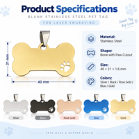 Plaque d'identification pour animaux de compagnie en acier inoxydable en forme d'os, découpe patte, gravure laser, options multicolores, garantie 1 an, vente en gros