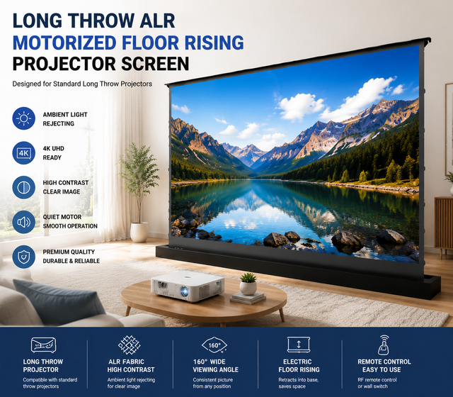 Premium Long Throw ALR Fabric Motorized Floor Rising Portable Projector Screen 72-150inch 16:9 4K UHD 1.2 Gain Home Theater