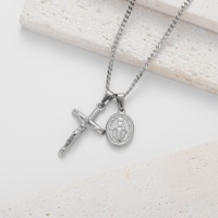 Bijoux religieux en acier inoxydable plaqué or PVD, pendentifs ovales croix de Jésus et Vierge Marie, colliers pour hommes et femmes