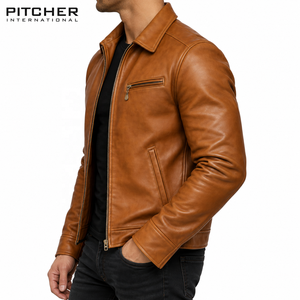 Veste en cuir marron pour homme, fermeture éclair, style décontracté, avec poche poitrine, vente en gros - Product Image 3
