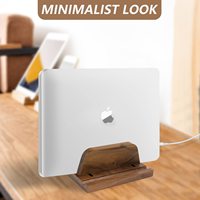 Support vertical pour ordinateur portable de bureau en bois massif réglable en noyer noir avec support pour tablette de téléphone portable