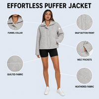 Manteau court matelassé personnalisé pour femme, 200g de rembourrage, col montant, gris chiné, fermeture éclair et boutons-pression, coupe ample, veste d'hiver pour femme