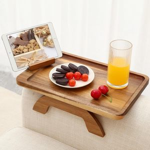 Tables d'accoudoir de canapé <span class=keywords><strong>en</strong></span> bois d'acacia avec rotation <span class=keywords><strong>à</strong></span> 360° °   Support de téléphone, plateau portable pour accoudoir de canapé pour boissons et collations - Product Image 1