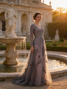Abito da sera in tulle grigio-rosa con pizzo floreale 3D, maniche a 3/4, scollo a V, linea ad A, formale, per <span class=keywords><strong>madre</strong></span> della sposa, taglie forti, direttamente dalla fabbrica - Product Image 1