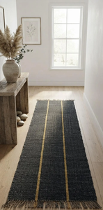 Minimalist Black Wool Jute <b>Runner</b> Rug Handmade Striped <b>Hallway</b> Carpet Accent <b>for</b> Entryway Bedroom Living Room Rustic Floor Decor - Product Image 2