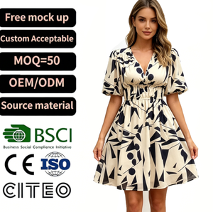 Abito Mini a Linea A con Stampa Geometrica Beige e Nera, Scollo a V, Maniche a Sbuffo e Dettagli Arricciati, Elegante e Casual per <span class=keywords><strong>l</strong></span>'<span class=keywords><strong>Estate</strong></span> - Product Image 1