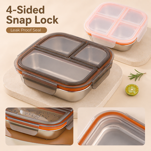 3 Compartment Stainless Steel Bento <b>Lunch</b> <b>Box</b> With Plastic Lid Leakproof Food Container For Adults Modern Rectangle Design - Product Image 3
