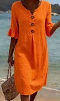 Robes d'été en coton et lin à col en V pour femmes grandes tailles, décontractées, taille haute, manches courtes