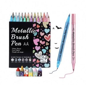 Wholesale Dual Tip Metallic <b>Brush</b> Pen Glitter Graffiti 24 Color Acrylic Art Marker for Paper Card Stone Glass Ceramic Drawing - Product Image 4